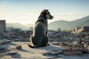 une chien séance sur Haut de une pile de décombres génératif ai photo