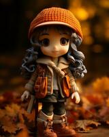 une poupée est portant un Orange chapeau et en portant une sac de feuilles génératif ai photo