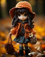 une poupée portant un Orange manteau et chapeau des stands dans le l'automne feuilles génératif ai photo