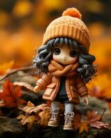 une poupée portant un Orange manteau et chapeau des stands sur une Roche dans l'automne feuilles génératif ai photo