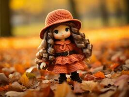 une poupée portant un Orange robe et chapeau permanent dans le feuilles génératif ai photo