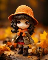 une poupée portant un Orange chapeau et manteau permanent dans l'automne feuilles génératif ai photo