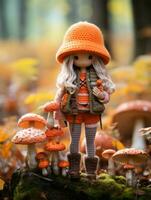 une poupée portant un Orange chapeau des stands dans de face de une groupe de champignons génératif ai photo