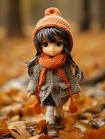une poupée portant un Orange écharpe et chapeau est en marchant par le feuilles génératif ai photo