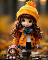une poupée avec marron cheveux portant un Orange manteau et chapeau génératif ai photo