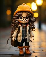 une poupée avec des lunettes et une chapeau est permanent sur le rue génératif ai photo