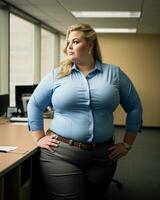 une graisse femme permanent dans un Bureau avec sa mains sur sa les hanches génératif ai photo