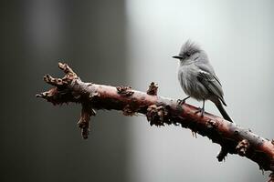 une gris oiseau séance sur Haut de une arbre branche génératif ai photo