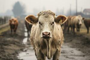 une troupeau de vaches en marchant vers le bas une saleté route génératif ai photo