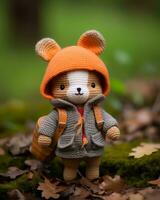une tricoté nounours ours portant un Orange chapeau et porter une sac à dos génératif ai photo