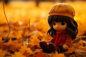 une peu fille séance sur le sol entouré par l'automne feuilles génératif ai photo