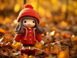 une peu fille portant une rouge manteau et bottes permanent dans une pile de déchue feuilles génératif ai photo