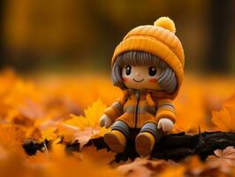 une peu fille portant un Orange manteau et chapeau séance sur une Journal dans le l'automne feuilles génératif ai photo