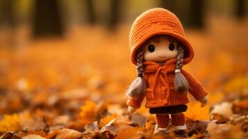 une peu fille portant un Orange veste permanent dans le feuilles génératif ai photo