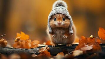 une peu écureuil portant une chapeau et séance sur une branche dans l'automne feuilles génératif ai photo