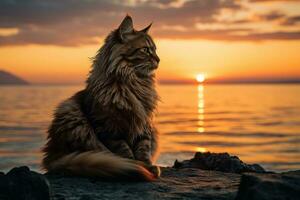 une longue aux cheveux chat séance sur une Roche à le coucher du soleil génératif ai photo