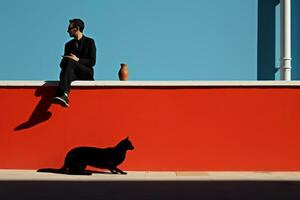 une homme séance sur une mur suivant à une chat génératif ai photo