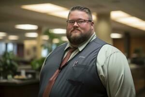 une homme avec une barbe et des lunettes permanent dans un Bureau génératif ai photo