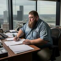 une homme avec une barbe séance à une bureau dans un Bureau génératif ai photo