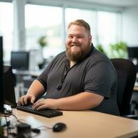 une homme avec une barbe séance à une bureau dans de face de une ordinateur génératif ai photo