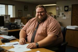 une homme avec une barbe séance à une bureau dans un Bureau génératif ai photo