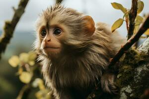 une singe est séance sur une branche dans une arbre génératif ai photo