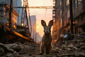 une lapin est permanent dans le milieu de une ville rue génératif ai photo