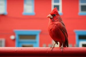 une rouge oiseau est séance sur une balustrade génératif ai photo