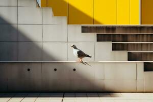 une mouette permanent sur le pas de une bâtiment génératif ai photo