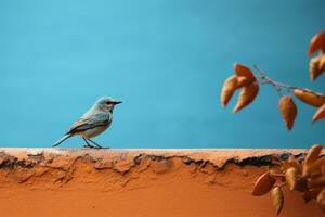 une petit oiseau est perché sur le bord de une mur génératif ai photo