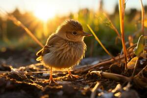 une petit oiseau est permanent sur le sol dans de face de le Soleil génératif ai photo