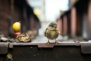 une petit oiseau est permanent sur le bord de une train Piste génératif ai photo