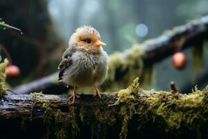 une petit oiseau séance sur une branche dans le forêt génératif ai photo