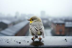 une petit oiseau séance sur une rebord dans le pluie génératif ai photo