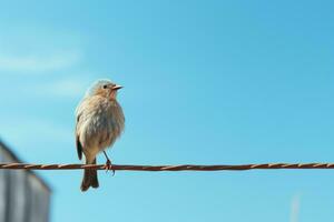 une petit oiseau séance sur une câble dans de face de une bâtiment génératif ai photo