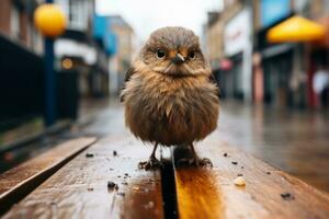 une petit oiseau séance sur une en bois banc dans le pluie génératif ai photo