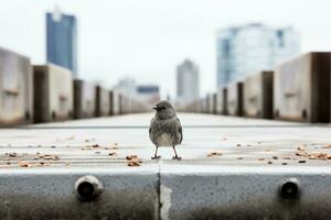 une petit oiseau permanent sur le bord de une pont génératif ai photo