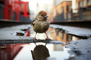 une petit oiseau permanent sur une flaque dans de face de une bâtiment génératif ai photo