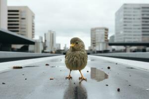 une petit oiseau permanent sur le bord de une pont génératif ai photo