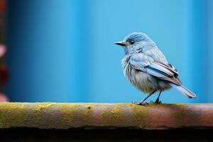 une petit bleu oiseau séance sur une rebord génératif ai photo