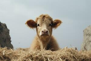 une petit marron vache pose dans une pile de foins génératif ai photo