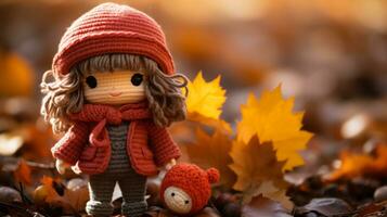 une petit poupée dans une rouge manteau et chapeau est permanent dans le l'automne feuilles génératif ai photo