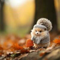 une petit hamster portant une tricoté chapeau et en portant un Orange citrouille génératif ai photo