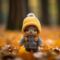 une petit tricoté poupée portant une Jaune chapeau dans le feuilles génératif ai photo