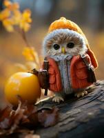 une petit hibou portant un Orange veste et chapeau est assis sur une Journal génératif ai photo