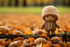 une petit jouet est permanent dans le milieu de une pile de tomber feuilles génératif ai photo