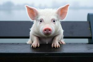 une petit blanc porc séance sur une banc génératif ai photo