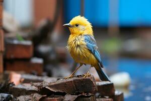 une petit Jaune et bleu oiseau permanent sur Haut de une brique mur génératif ai photo