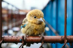 une petit Jaune oiseau séance sur Haut de une métal clôture génératif ai photo