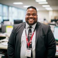 une souriant noir homme dans une costume et attacher dans un Bureau génératif ai photo